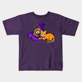 Orange Cat on a Witch Hat (purple) Kids T-Shirt